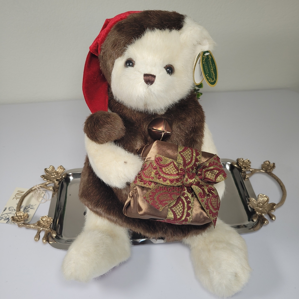 Festive Teddy Bear with Red Hat and Brown Coat